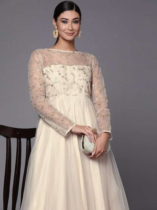 Women Cream-Coloured Floral Embroidered Net Maxi Dress - Inddus.com