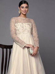 Women Cream-Coloured Floral Embroidered Net Maxi Dress - Inddus.com