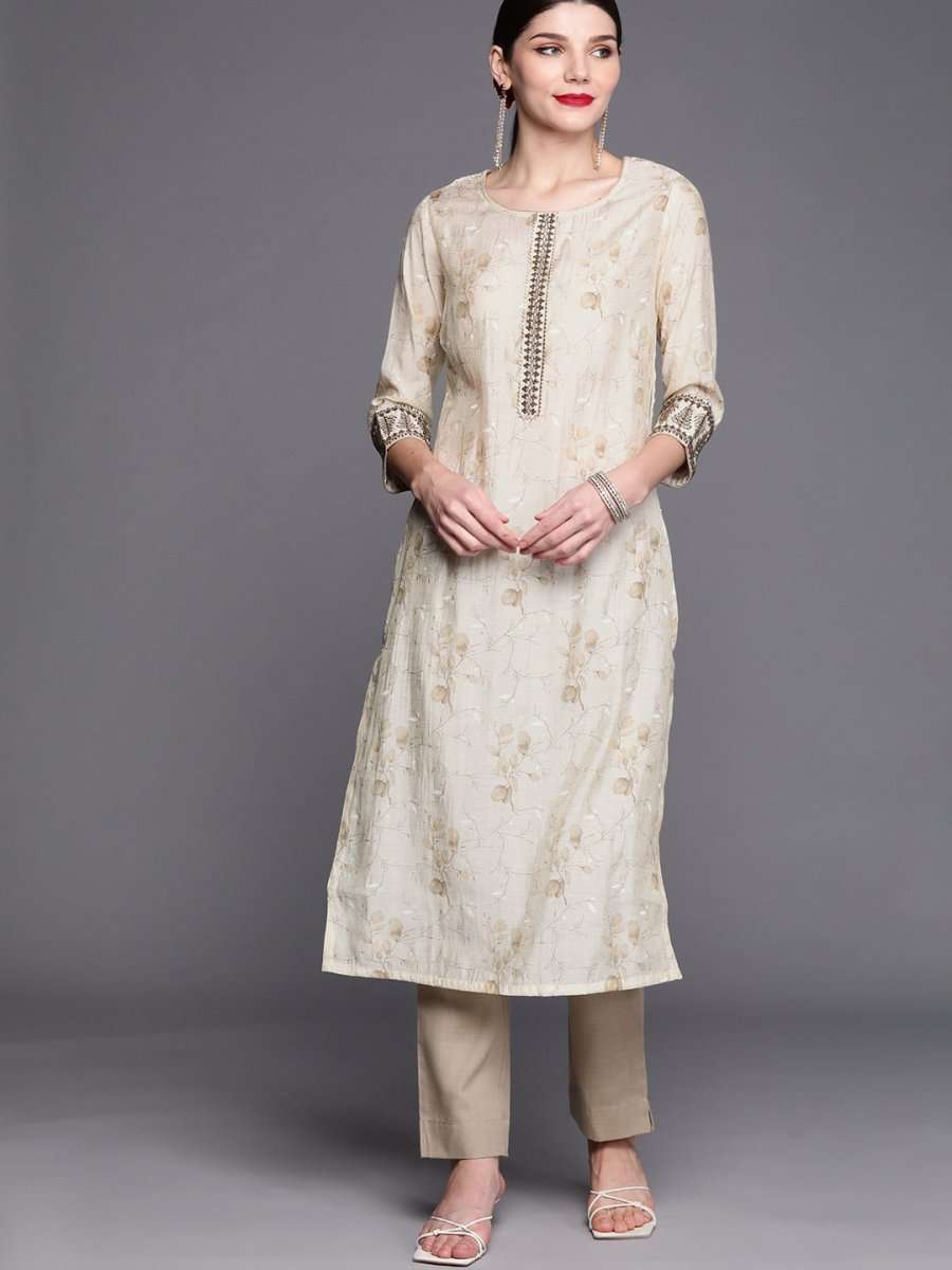 Women Cream-Coloured Floral Embroidered Regular Gotta Patti Kurta with Trousers - Inddus.com