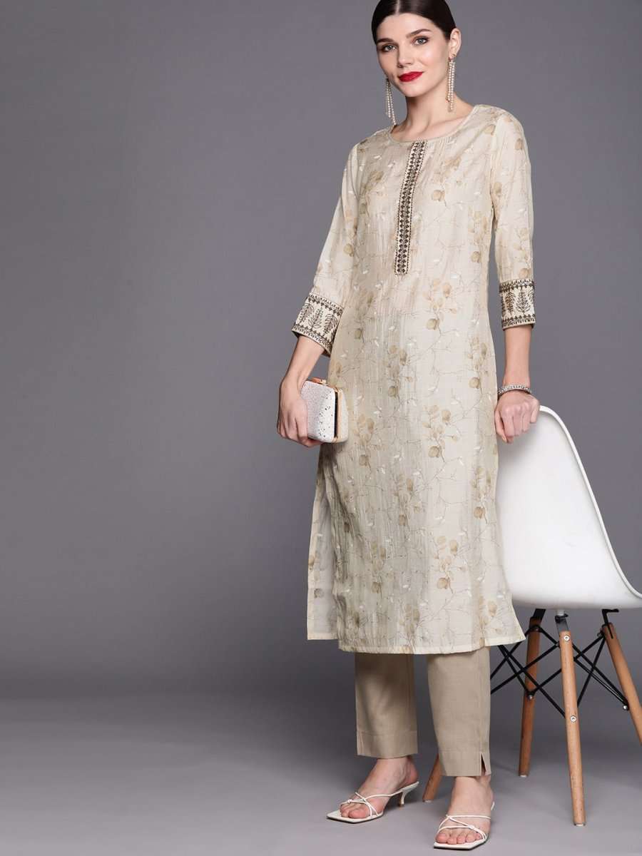 Women Cream-Coloured Floral Embroidered Regular Gotta Patti Kurta with Trousers - Inddus.com
