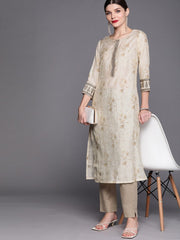 Women Cream-Coloured Floral Embroidered Regular Gotta Patti Kurta with Trousers - Inddus.com