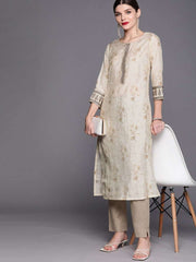 Women Cream-Coloured Floral Embroidered Regular Gotta Patti Kurta with Trousers - Inddus.com