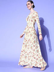 Women Cream-Coloured & Red Floral Embroidery Kalamkari Anarkali Kurta with Dupatta - Inddus.com