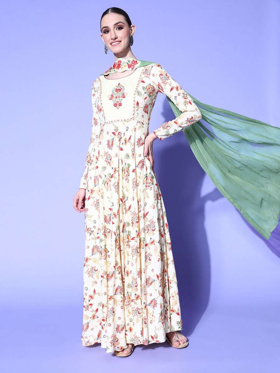 Women Cream-Coloured & Red Floral Embroidery Kalamkari Anarkali Kurta with Dupatta - Inddus.com