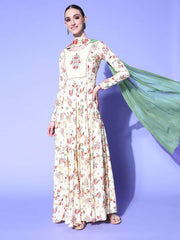 Women Cream-Coloured & Red Floral Embroidery Kalamkari Anarkali Kurta with Dupatta - Inddus.com