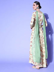 Women Cream-Coloured & Red Floral Embroidery Kalamkari Anarkali Kurta with Dupatta - Inddus.com