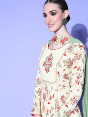 Women Cream-Coloured & Red Floral Embroidery Kalamkari Anarkali Kurta with Dupatta - Inddus.com