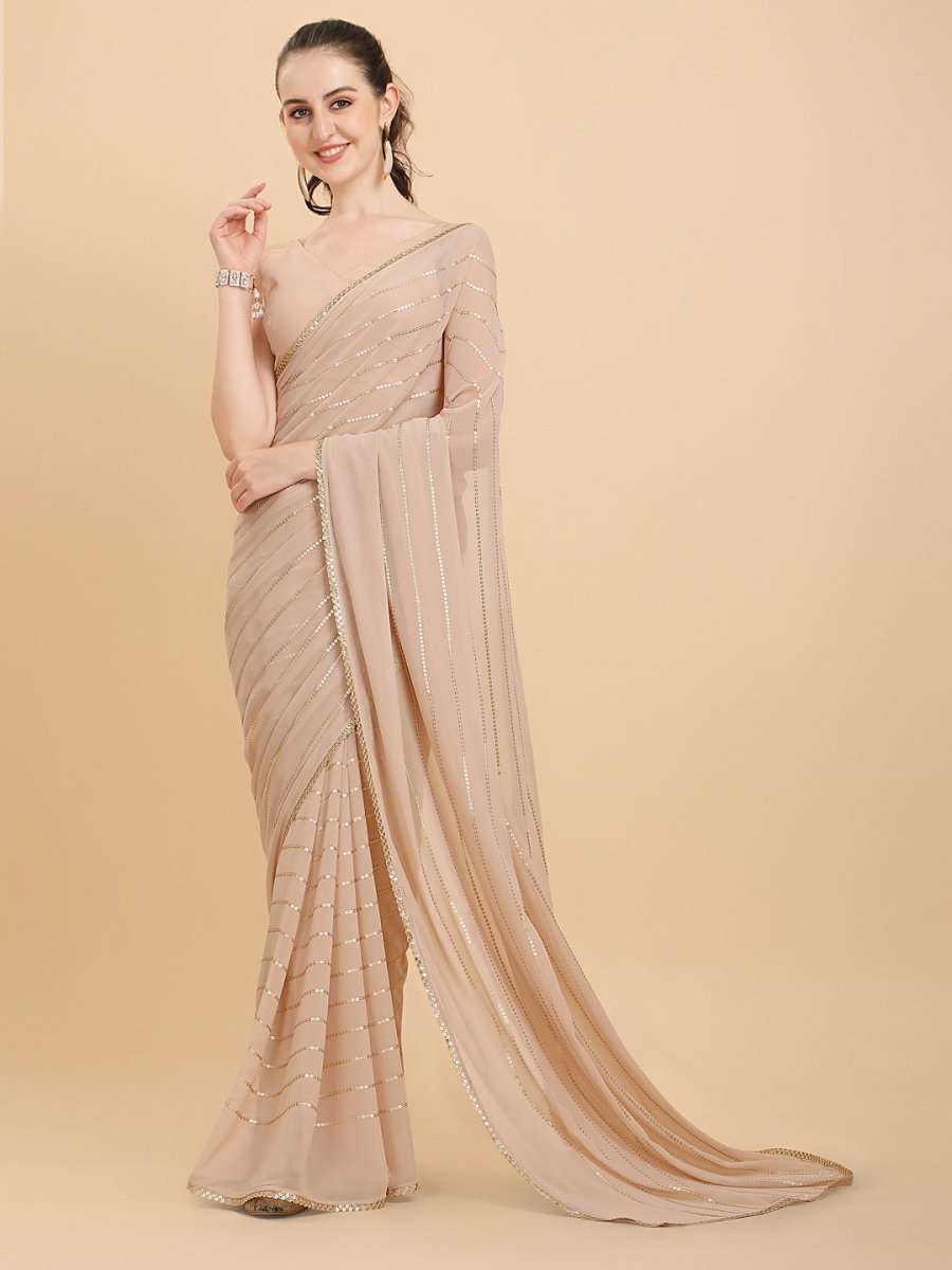 Women Cream Embroidered Georgette Saree with Blouse Piece - Inddus.com