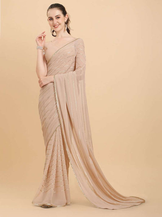 Women Cream Embroidered Georgette Saree with Blouse Piece - Inddus.com