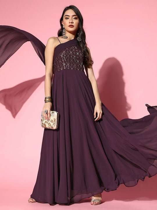 Women Deep Burgundy Sequins Embroidered Maxi Dress with Draped Dupatta - Inddus.com