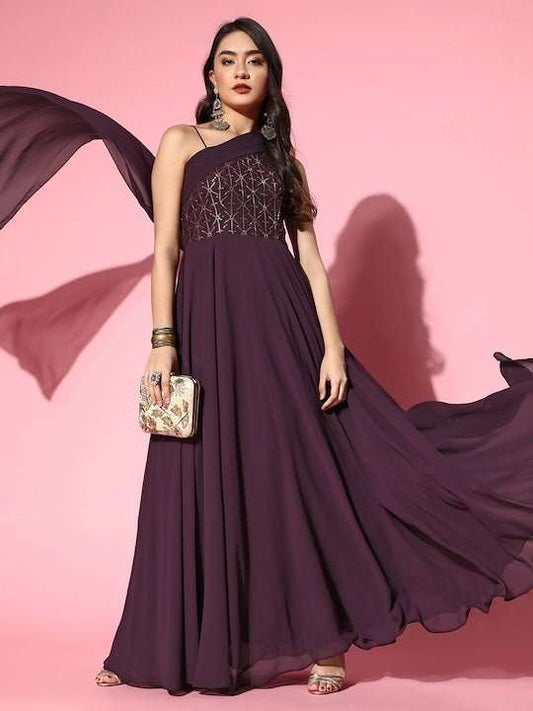 Women Deep Burgundy Sequins Embroidered Maxi Dress with Draped Dupatta - Inddus.com