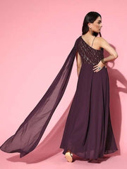 Women Deep Burgundy Sequins Embroidered Maxi Dress with Draped Dupatta - Inddus.com