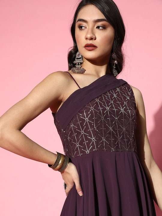 Women Deep Burgundy Sequins Embroidered Maxi Dress with Draped Dupatta - Inddus.com