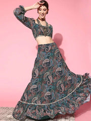 Women Deep Navy Blue Printed Top With Skirt - Inddus.com