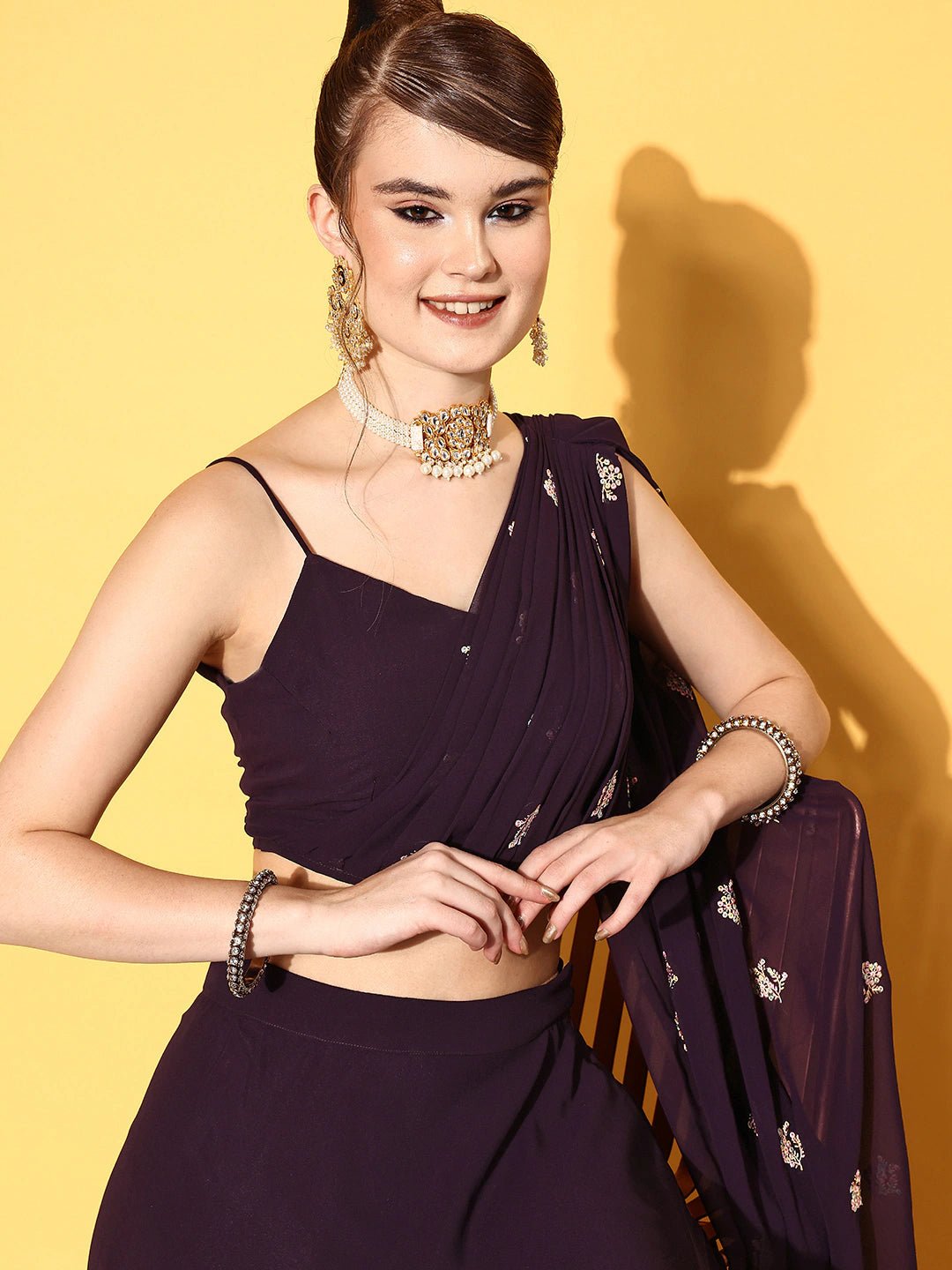 Women Deep Wine Embroidered Draped Dupatta with Top & Skirt - Inddus.com