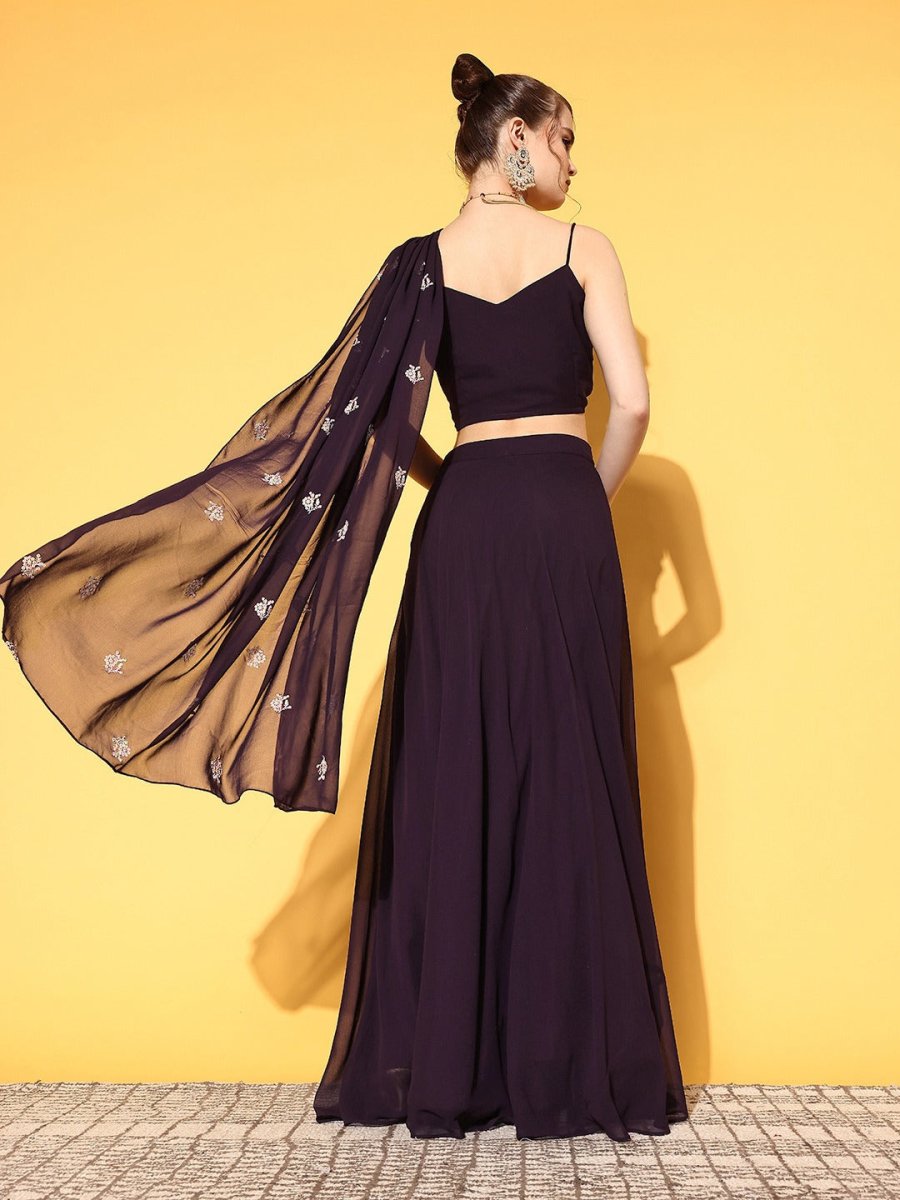Women Deep Wine Embroidered Draped Dupatta with Top & Skirt - Inddus.com