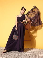 Women Deep Wine Embroidered Draped Dupatta with Top & Skirt - Inddus.com
