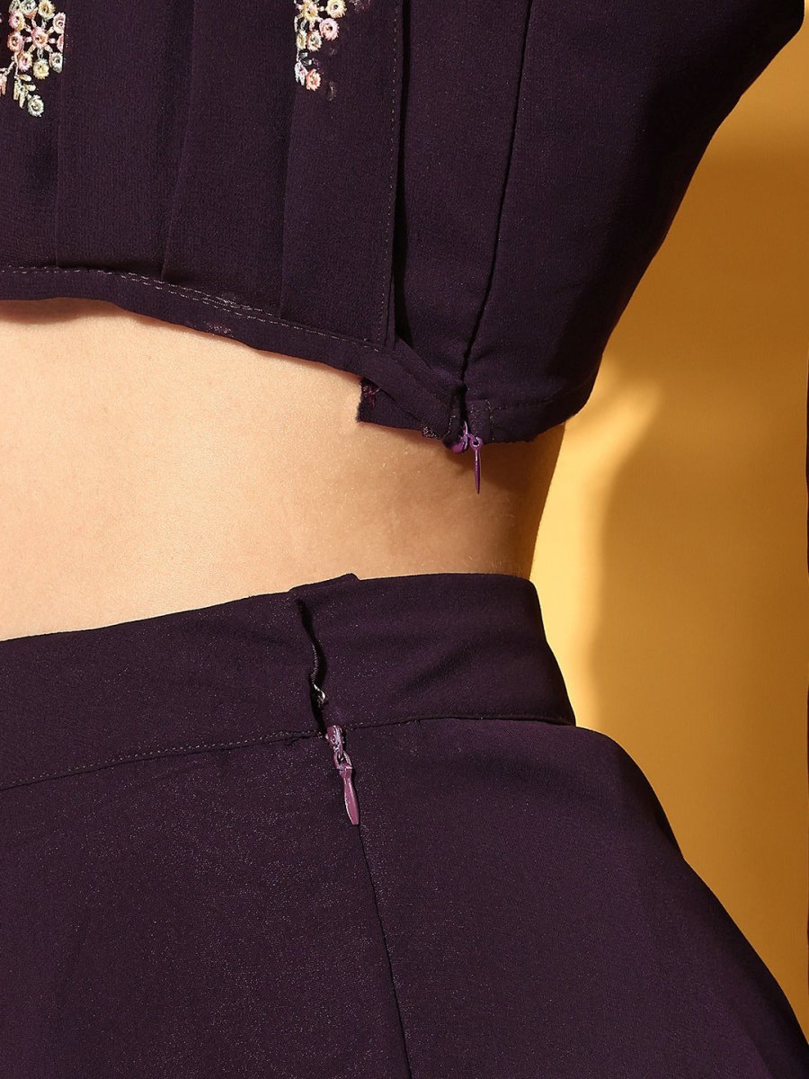 Women Deep Wine Embroidered Draped Dupatta with Top & Skirt - Inddus.com