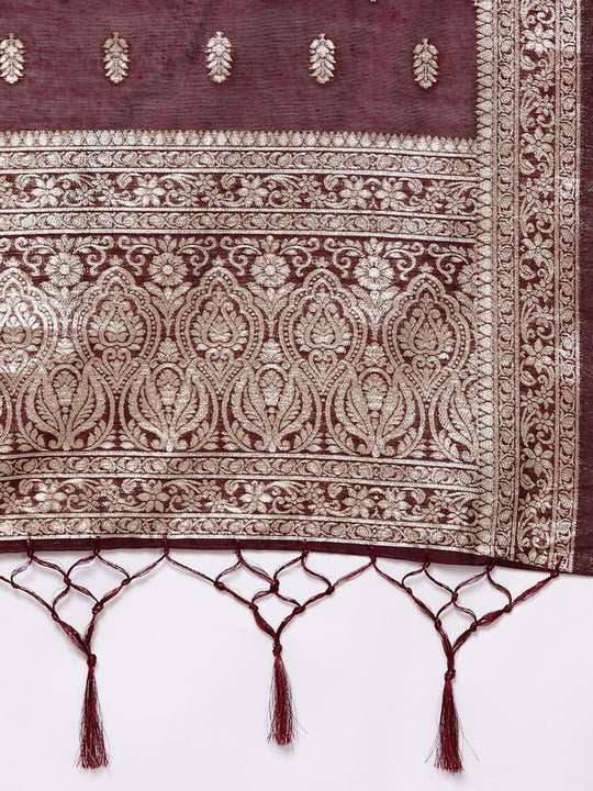 Women Deep Wine Zari Woven Kurta and Trouser with Dupatta - Inddus.com