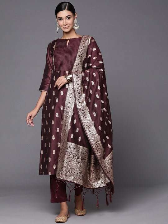 Women Deep Wine Zari Woven Kurta and Trouser with Dupatta - Inddus.com