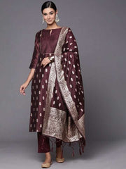 Women Deep Wine Zari Woven Kurta and Trouser with Dupatta - Inddus.com