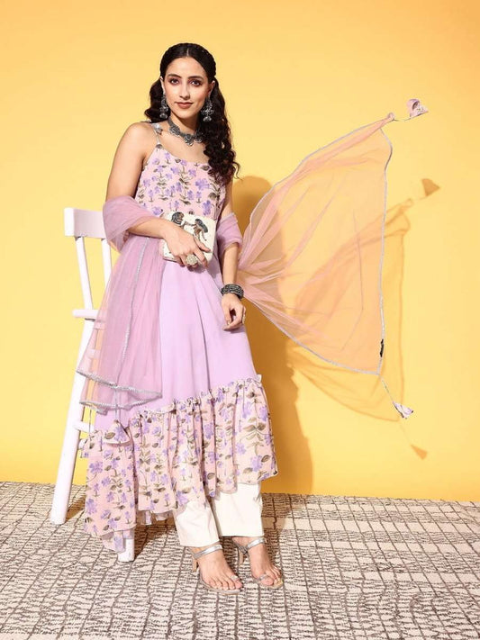 Women Elegant Lavender Chiffon All in the Details Kurta - Inddus.com