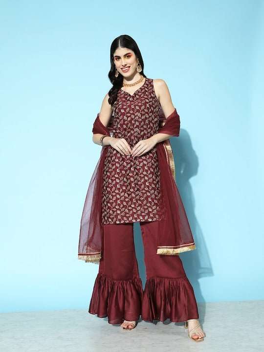 Women Embroidered Kurta with Sharara & Dupatta - Inddus.com