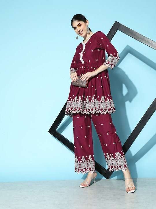 Women Embroidered Pleated Thread Work Kurta with Palazzos - Inddus.com