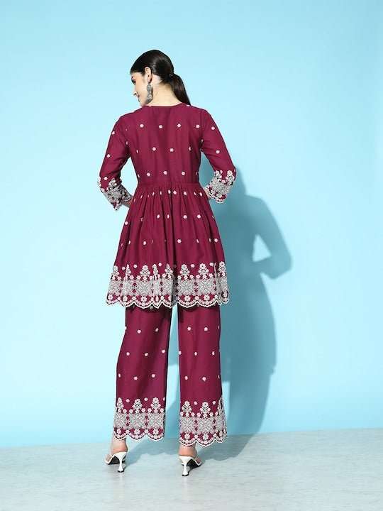 Women Embroidered Pleated Thread Work Kurta with Palazzos - Inddus.com