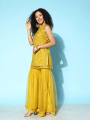 Women Embroidered Regular Kurta with Sharara & Dupatta - Inddus.com
