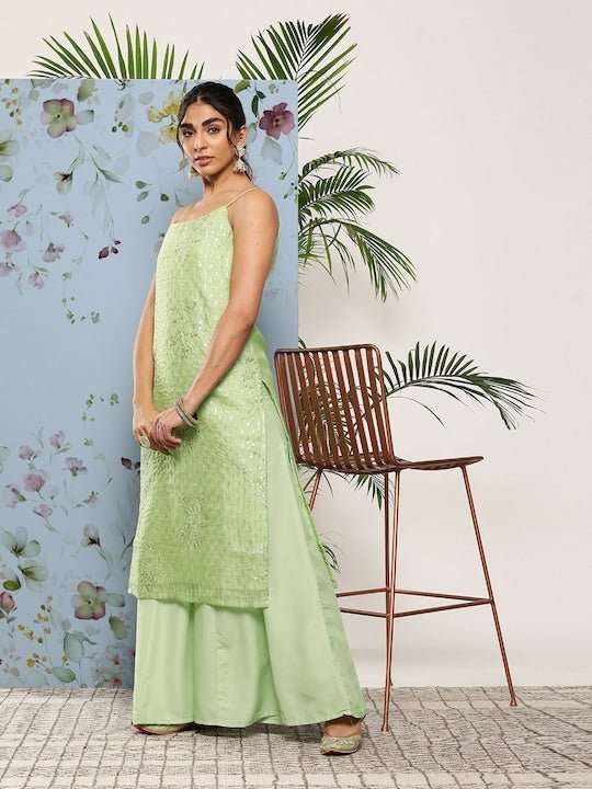 Women Embroidered Sequinned Kurta With Palazzos - Inddus.com