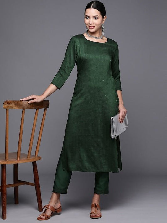 Women Embroidered Sequinned Kurta With Trousers - Inddus.com