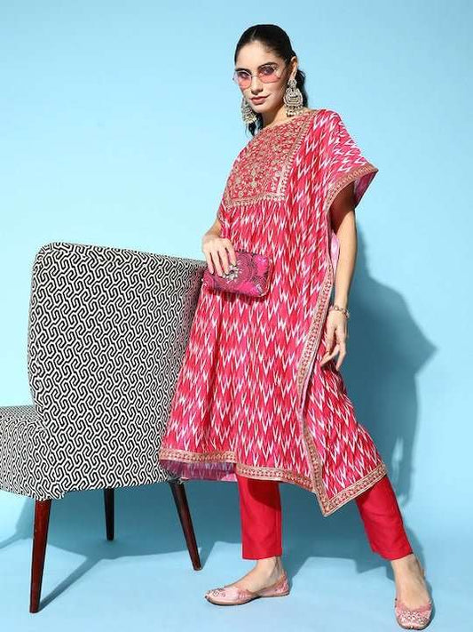 Women Embroidered Thread Work Kaftan Kurta With Trousers - Inddus.com
