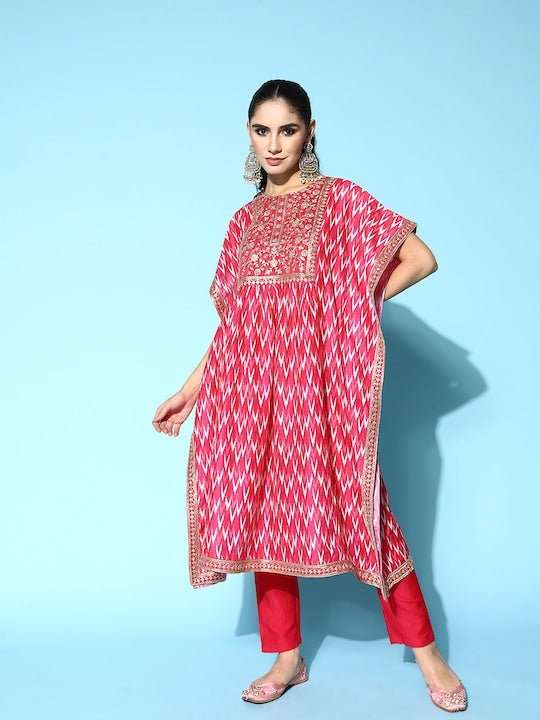 Women Embroidered Thread Work Kaftan Kurta With Trousers - Inddus.com