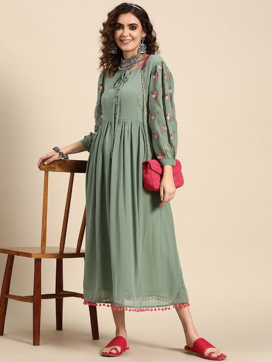 Women Embroidery A-Line Button Detail Dress - Inddus.com