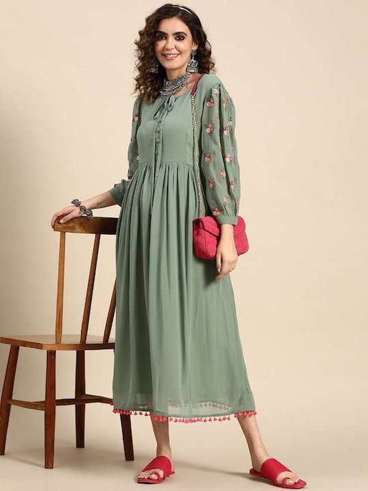 Women Embroidery A-Line Button Detail Dress - Inddus.com