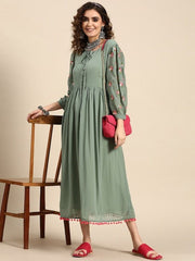 Women Embroidery A-Line Button Detail Dress - Inddus.com