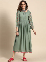 Women Embroidery A-Line Button Detail Dress - Inddus.com
