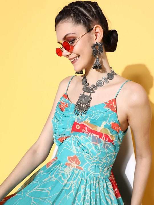 Women Enchanting Sea Green Polyester Elevated Gown - Inddus.com