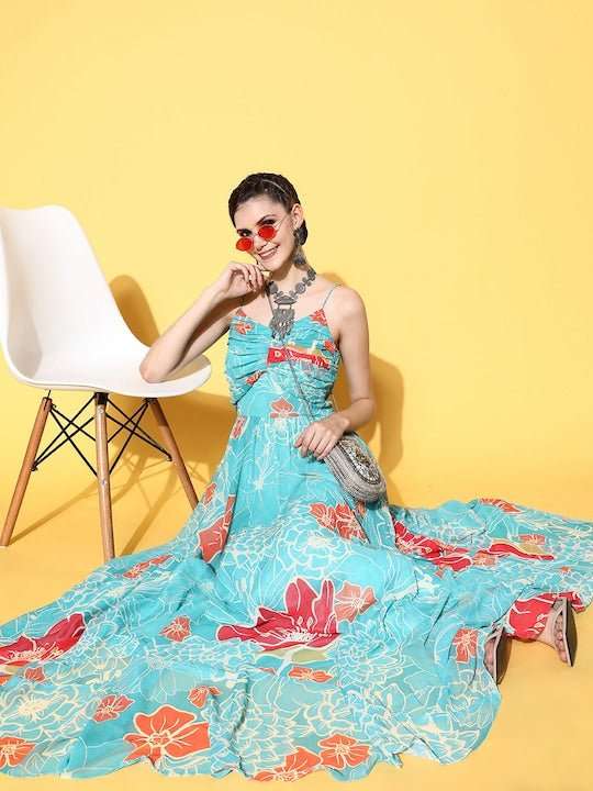 Women Enchanting Sea Green Polyester Elevated Gown - Inddus.com