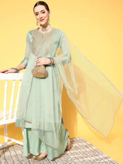 Women Ethnic Motifs Chanderi Cotton Ethereal Embroidery Kurta Set - Inddus.com