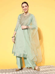 Women Ethnic Motifs Chanderi Cotton Ethereal Embroidery Kurta Set - Inddus.com