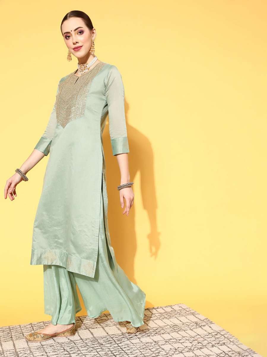 Women Ethnic Motifs Chanderi Cotton Ethereal Embroidery Kurta Set - Inddus.com