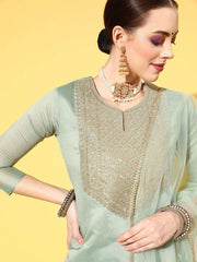 Women Ethnic Motifs Chanderi Cotton Ethereal Embroidery Kurta Set - Inddus.com