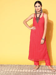 Women Ethnic Motifs Poly Georgette Ethereal Embroidery Kurta Set - Inddus.com