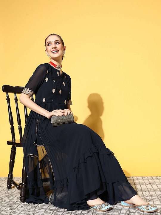 Women Ethnic Motifs Poly Georgette Plisse Kurta Set - Inddus.com