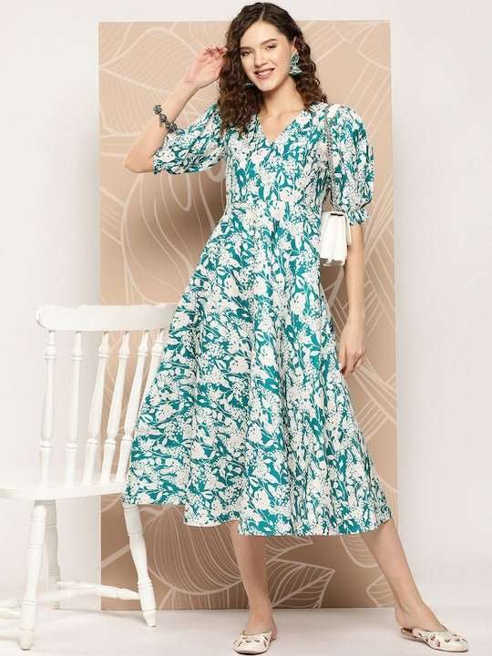 Women Ethnic Motifs Printed A-Line Midi Dress - Inddus.com