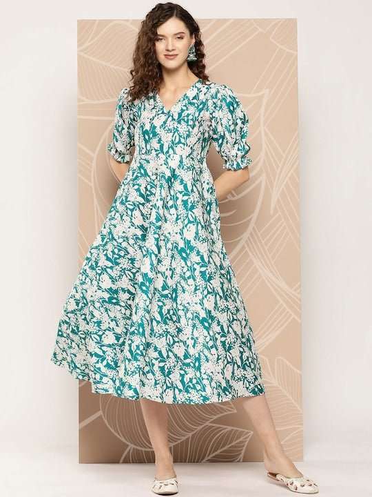 Women Ethnic Motifs Printed A-Line Midi Dress - Inddus.com