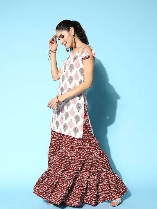 Women Ethnic Motifs Printed Pure Cotton Kurti With Sharara - Inddus.com
