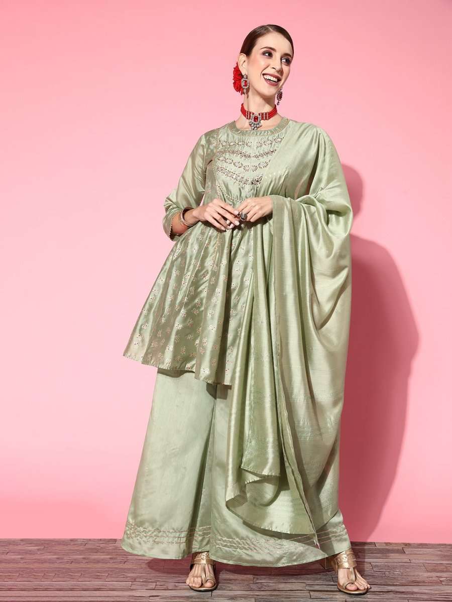Women Floral Chanderi Silk Ethereal Embroidery Kurta Set - Inddus.com